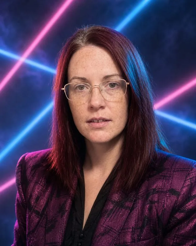 1980s: an 1980s styled studio portrait with a laser backdrop, bold shoulder-padded jacket