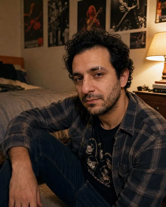 1990s: sitting on a bedroom floor with posters on the wall, flannel shirt over a band t-shirt