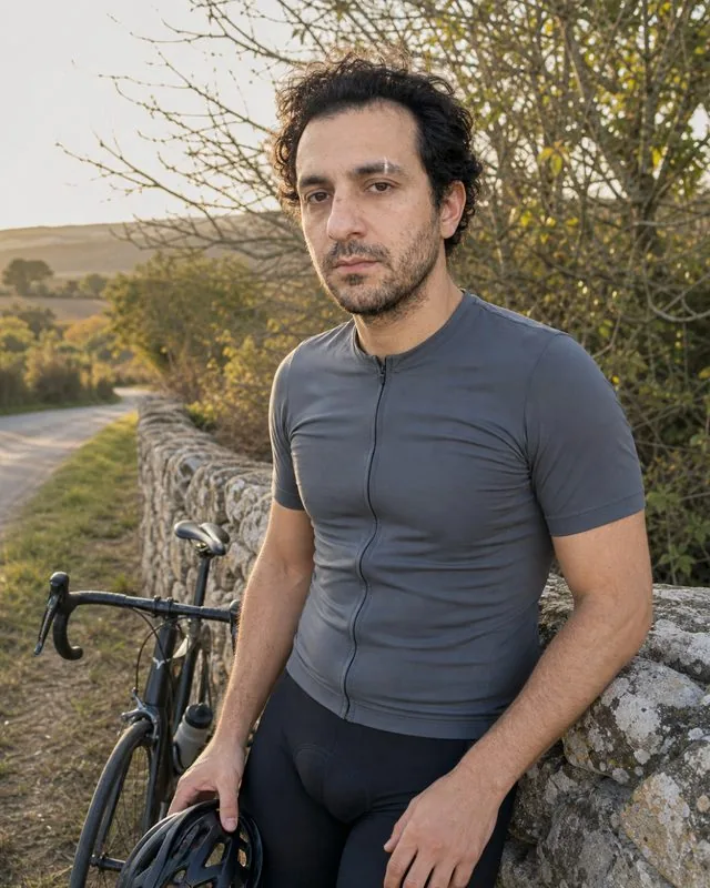 Cycling: stopped at a roadside with the bike leaning against a stone wall, helmet off, warm light