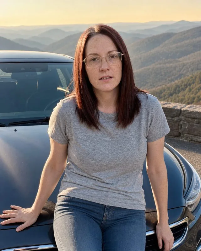 Road trip: sitting on the bonnet of a parked car at a lookout, mountains hazy behind, late afternoon light