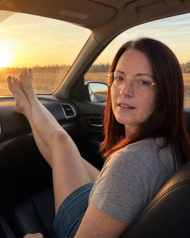 Road trip: in the passenger seat with bare feet on the dashboard, warm sunset light through the windscreen