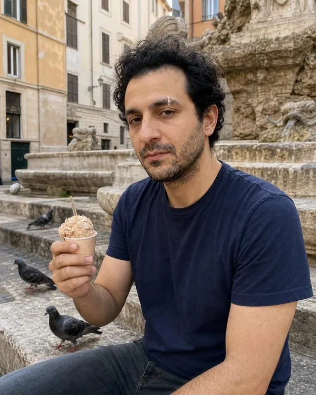 Rome: sitting on the steps of an old fountain with gelato, worn stone and pigeons in the foreground