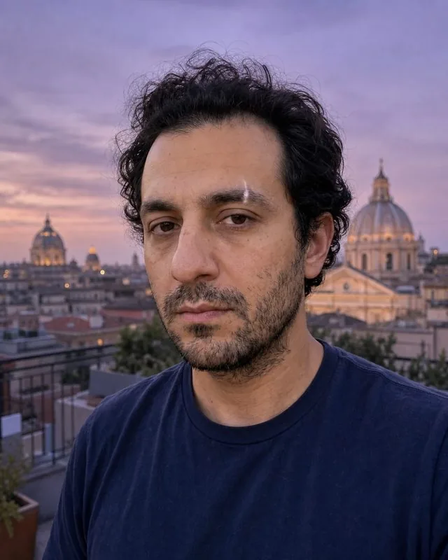 Rome: on a rooftop terrace at dusk with domes on the skyline, soft violet sky