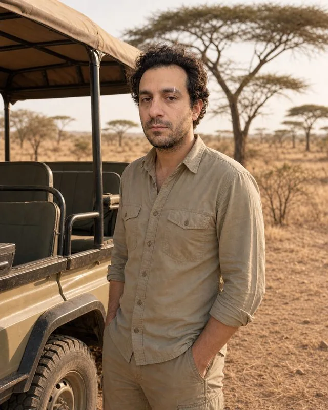 Safari: standing beside an open-sided safari vehicle in khaki clothing, dry savannah and acacia trees behind