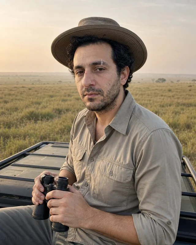 Safari: seated on the vehicle roof with binoculars, khaki shirt and a wide-brimmed hat, wide grassland to the horizon