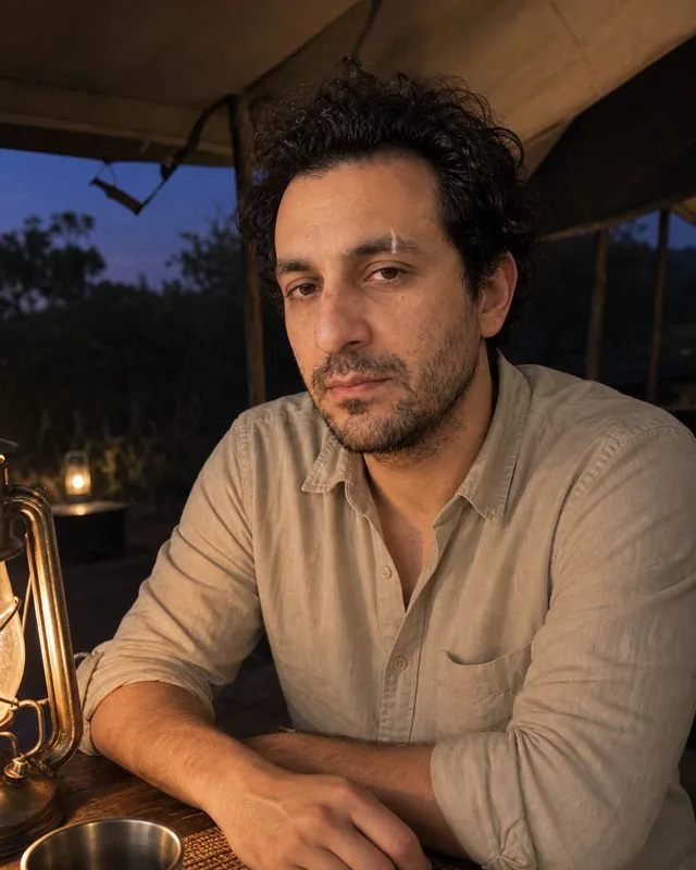 Safari: at a camp table under a canvas awning at dusk, sand-coloured shirt with the sleeves rolled, lantern light