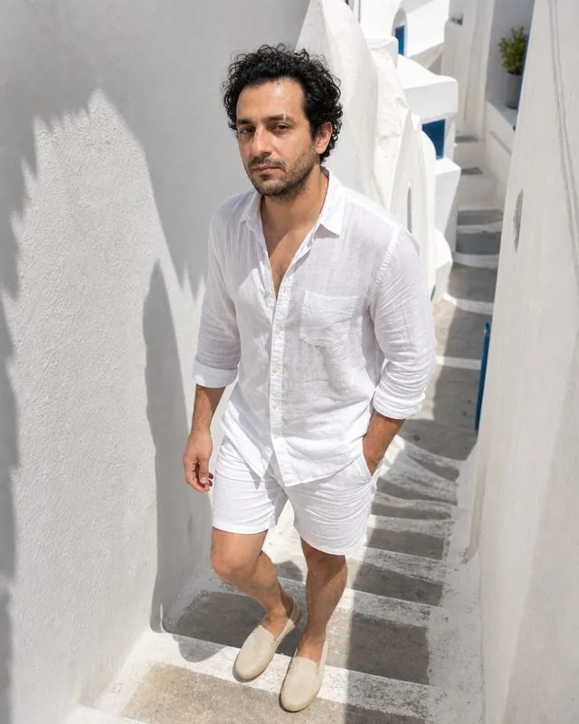 Santorini: walking down narrow white steps between painted walls, white linen shirt and shorts, strong midday shadows