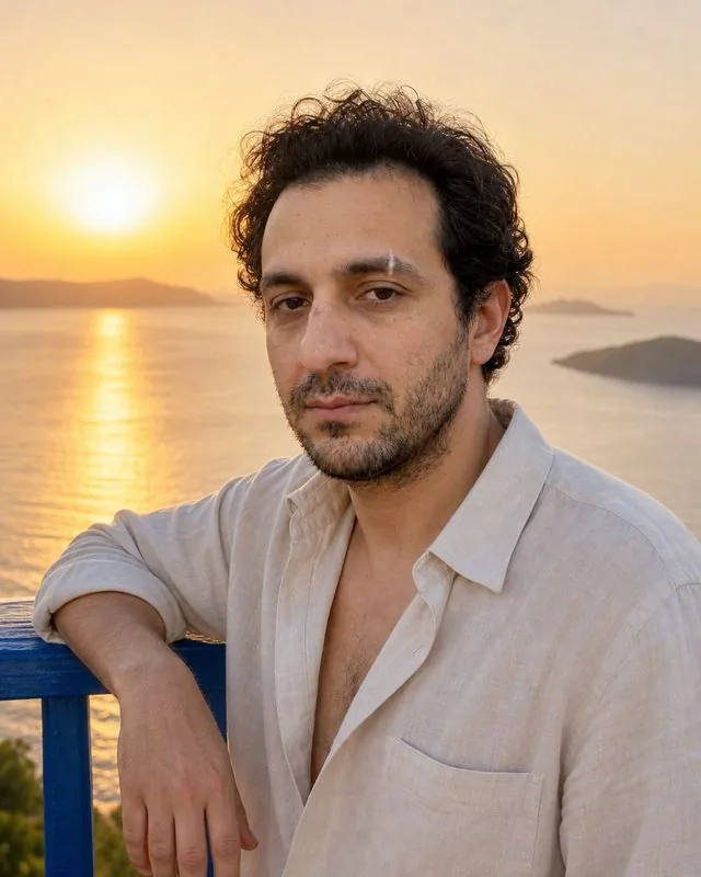 Santorini: leaning on a blue-painted railing at sunset in a pale open shirt, sea and distant islands hazy behind