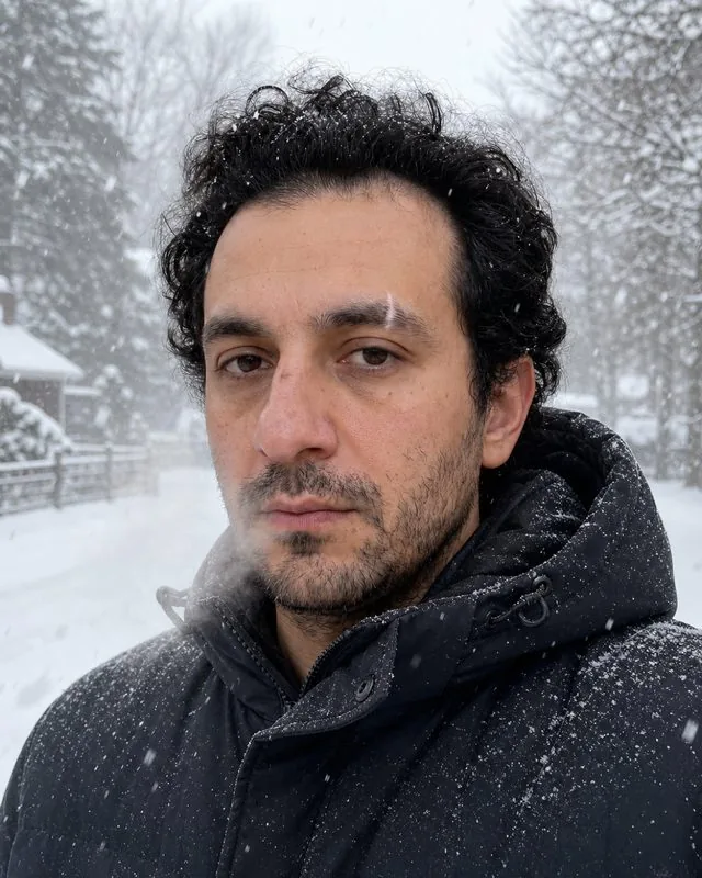 Snow: outdoors in falling snow in a heavy winter coat with the hood down, overcast diffuse light, breath visible