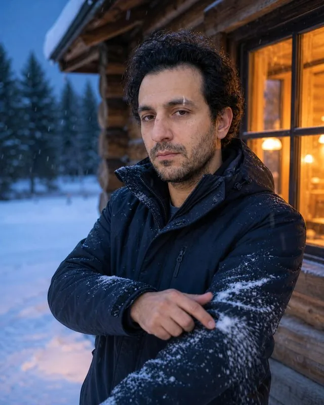 Snow: brushing snow off a coat sleeve outside a lit cabin, warm window glow against blue dusk