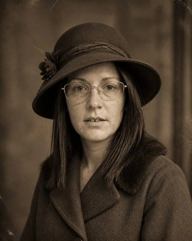 Silent film: a sepia-toned frame with visible film scratches and grain, period hat and coat