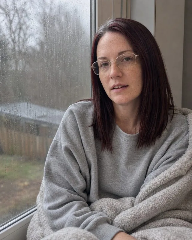 Slow weekend: sitting on a windowsill with a blanket, soft grey sweatshirt, rain running down the glass, muted grey light