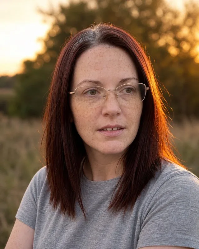 Golden hour: outdoors at golden hour with warm rim light through the hair, casual shirt, looking slightly away from camera