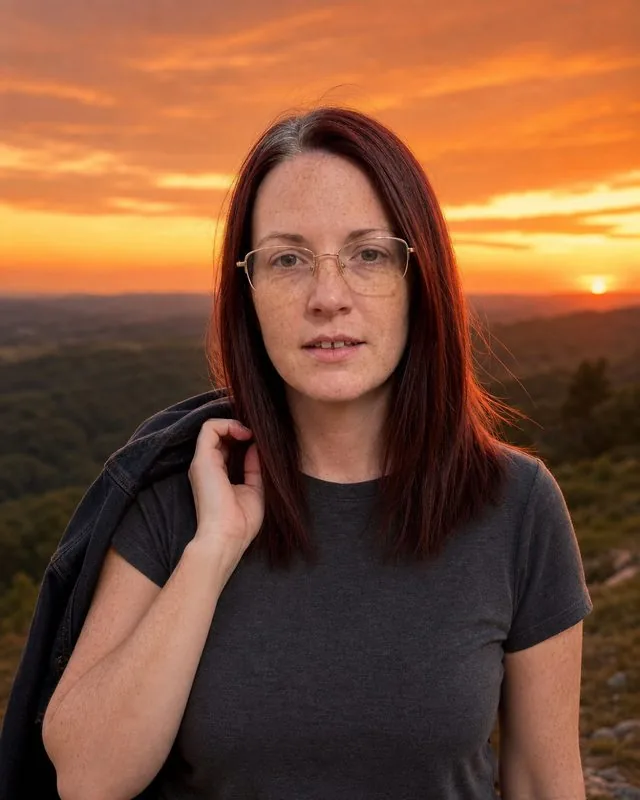 Golden hour: standing on a hilltop at last light, jacket over the shoulder, deep orange sky behind