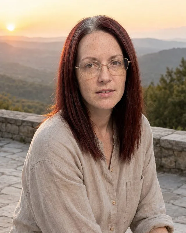Spiritual: seated on a stone terrace at sunrise in loose natural fabrics, soft warm light and distant hills