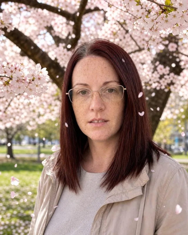 Spring blossom: under a cherry tree in full blossom with petals falling, light jacket, bright soft spring light