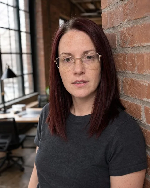 Startup founder: in a converted-warehouse office wearing a plain dark t-shirt, leaning against exposed brick