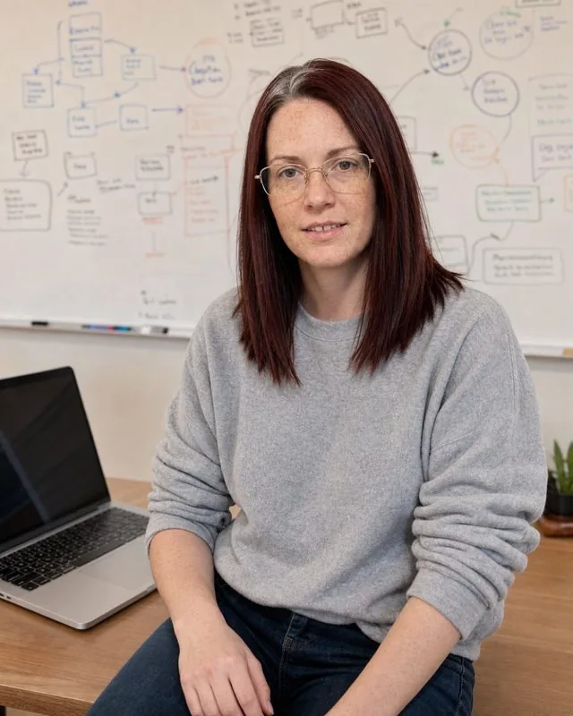 Startup founder: seated on a desk edge with a laptop beside, grey sweatshirt with the sleeves pushed up