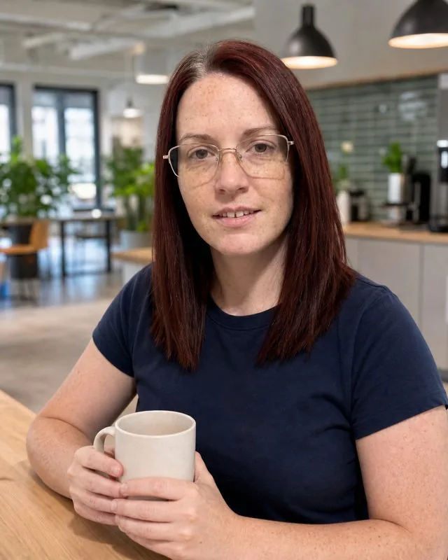 Startup founder: a portrait in a bright co-working kitchen holding a mug, plain navy t-shirt