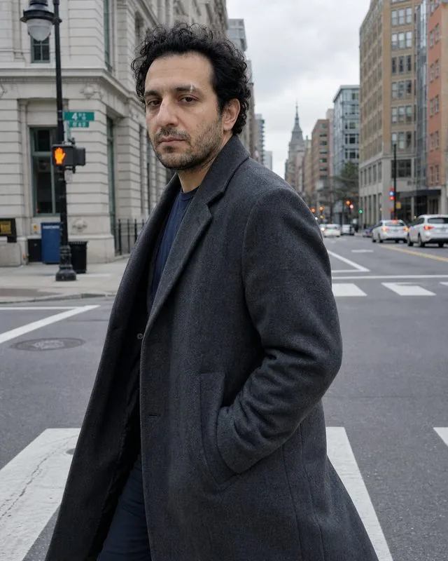 Street style: a street-style frame crossing a city road in an oversized coat, caught mid-stride, overcast even light