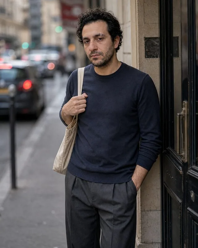 Street style: stepping out of a doorway with a tote bag, wide wool trousers and a fine knit, shallow depth of field