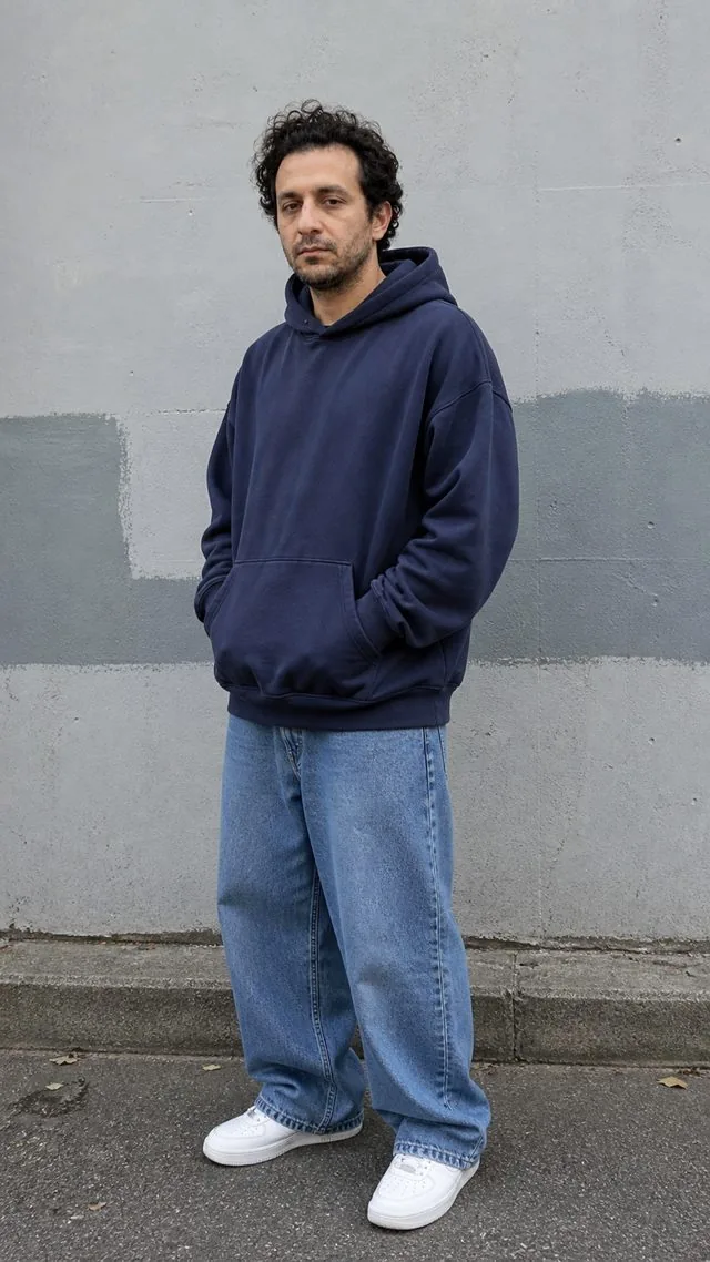 Streetwear lookbook: a full-length street frame against a painted concrete wall, oversized hoodie, wide denim and white trainers