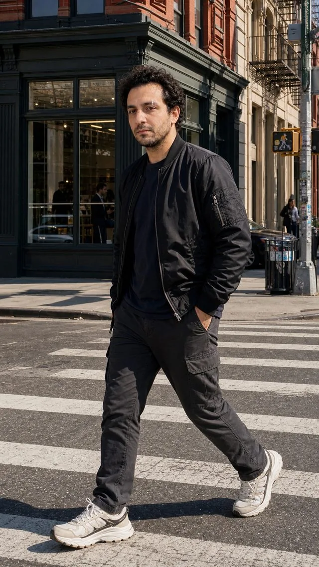Streetwear lookbook: the entire figure mid-stride on a crosswalk, black bomber jacket over a tee