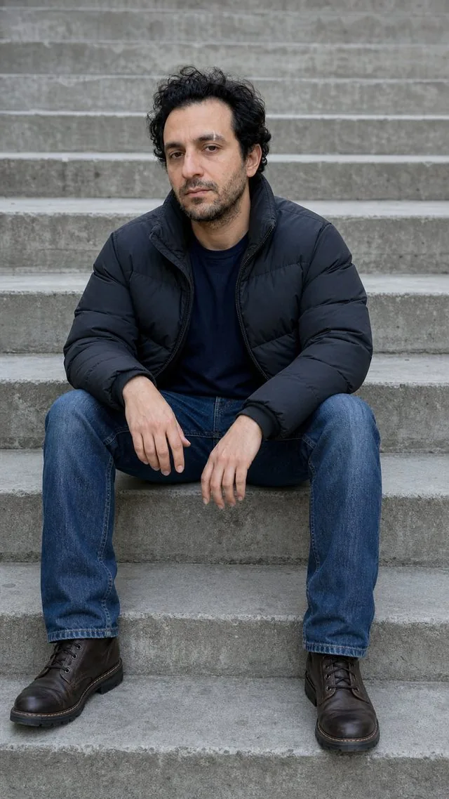 Streetwear lookbook: a head-to-toe frame seated on concrete steps, cropped puffer jacket, straight jeans and boots
