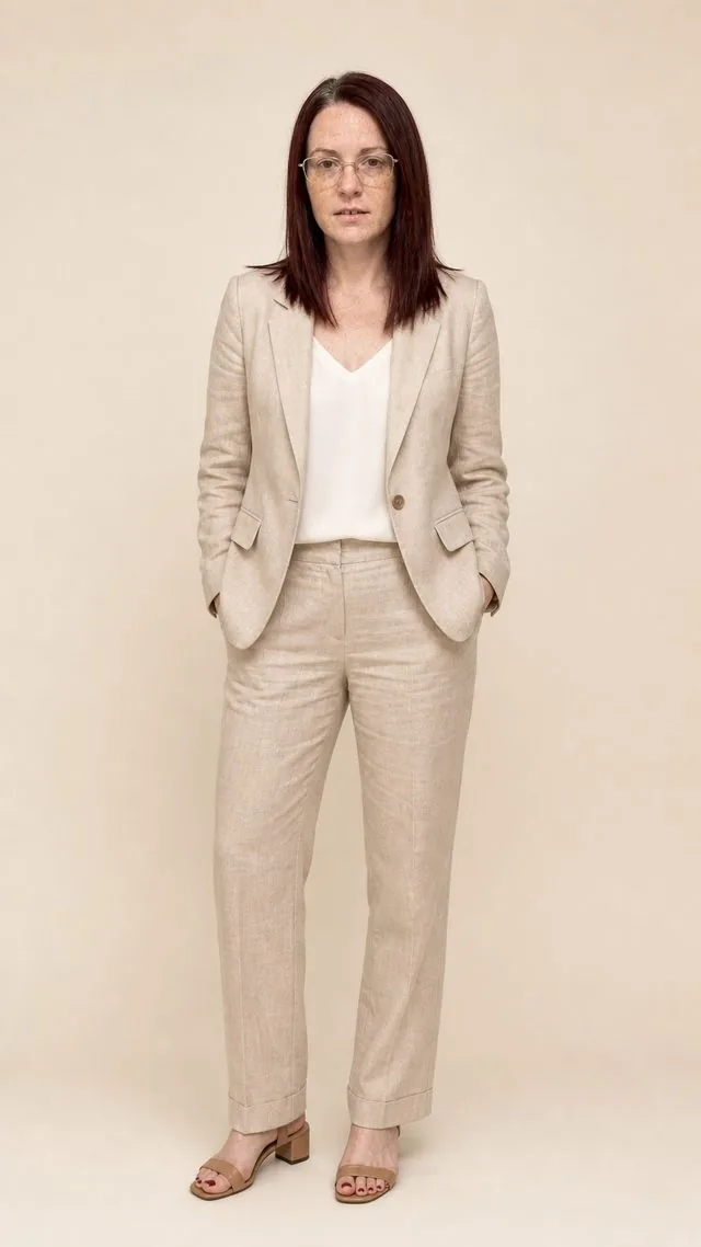 Editorial full figure: a full-length editorial frame on a seamless cream backdrop, tailored beige linen suit