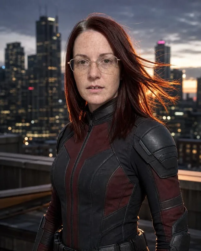 Superhero: in a practical superhero suit on a rooftop at dusk, city skyline behind, hard rim light and wind