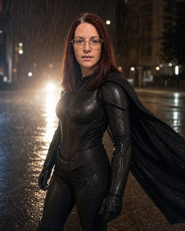 Superhero: standing in a rain-soaked street lit from below by car headlights, matte armoured suit and a cape moving