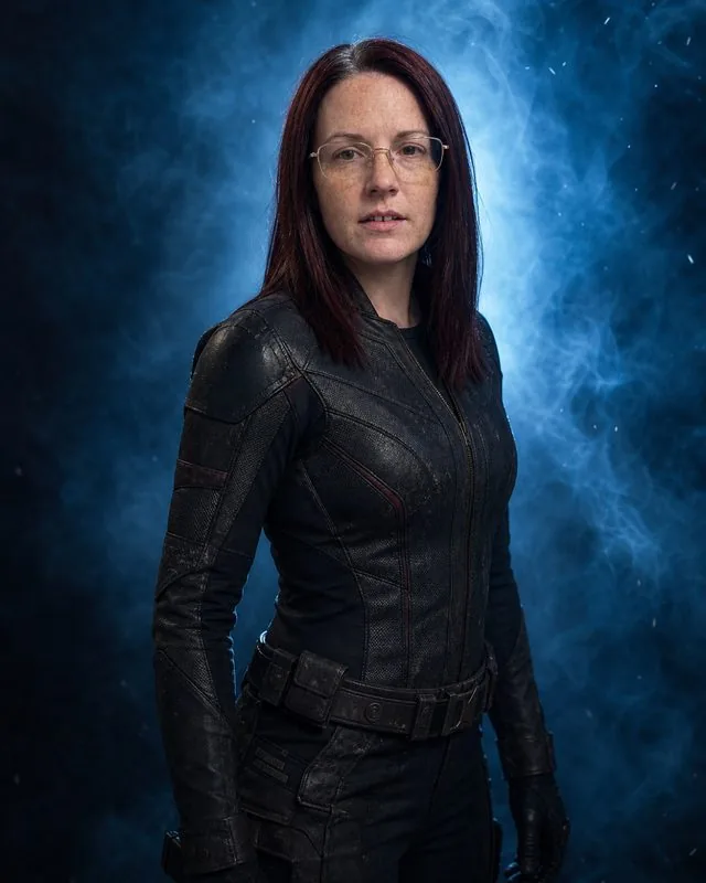 Superhero: a heroic three-quarter frame against smoke and blue backlight, textured suit and scuffed detail
