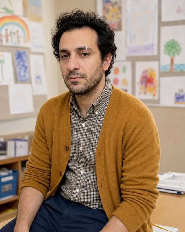 Teacher: seated on the edge of a desk with children’s artwork on the wall behind, mustard cardigan over a checked shirt