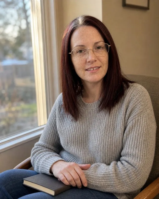 Therapist: by a window with a notebook closed on the lap, grey knitted jumper, late afternoon light