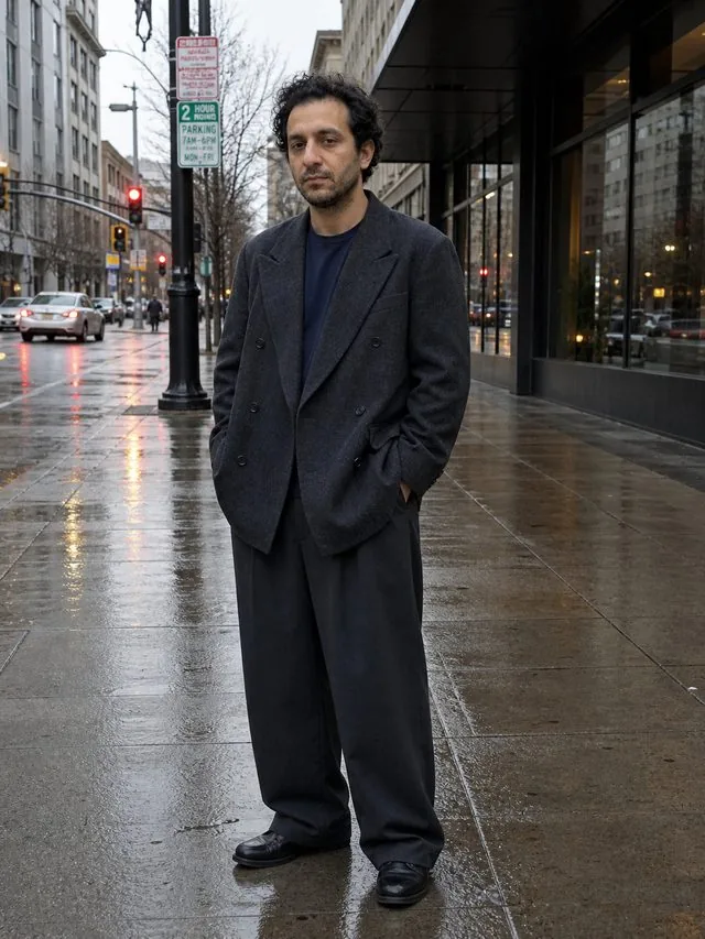 Tokyo tailoring: a full-length frame from head to toe with the entire figure and both shoes inside the frame