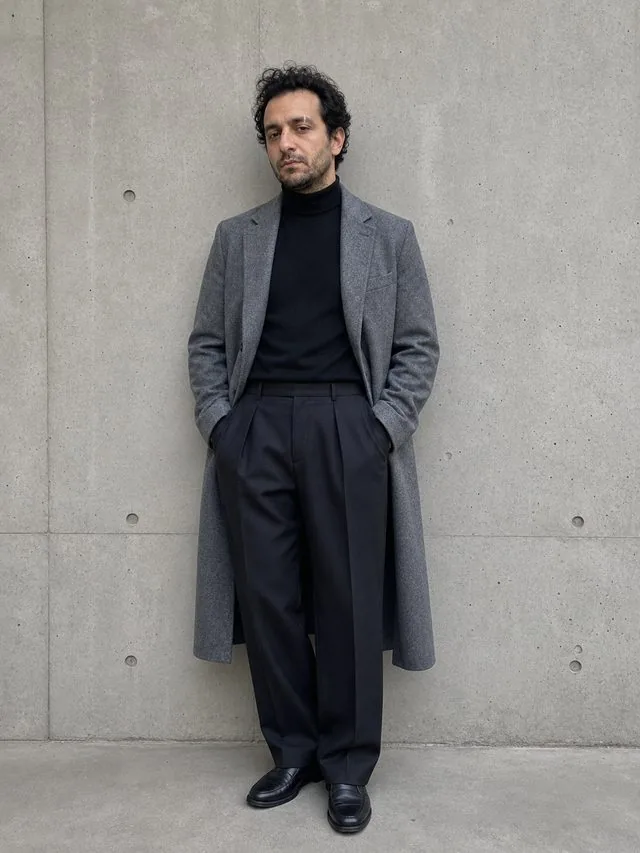 Tokyo tailoring: a full-length frame from head to toe with the entire figure and both shoes inside the frame