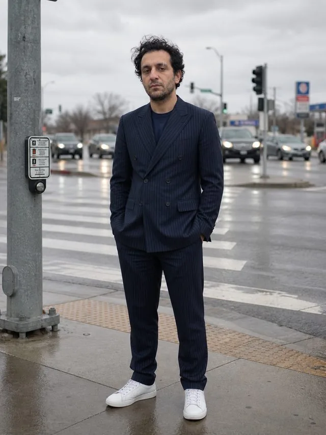Tokyo tailoring: a full-length frame from head to toe with the entire figure and both shoes inside the frame