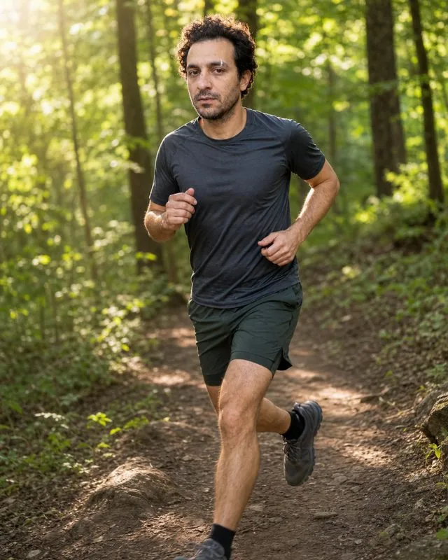 Trail running: running a forest trail in technical kit, morning sun through the trees, motion in the legs