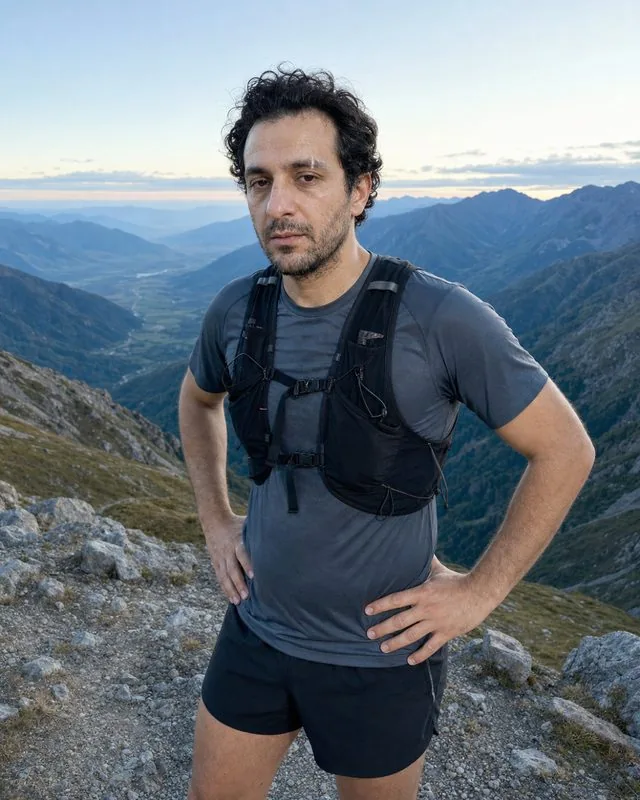 Trail running: stopped on a ridge with hands on hips catching breath, running vest and shorts, wide valley behind