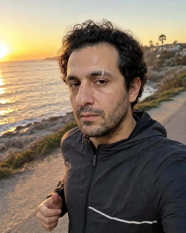 Trail running: jogging a coastal path at sunrise in a lightweight running jacket, low warm light along the shoreline