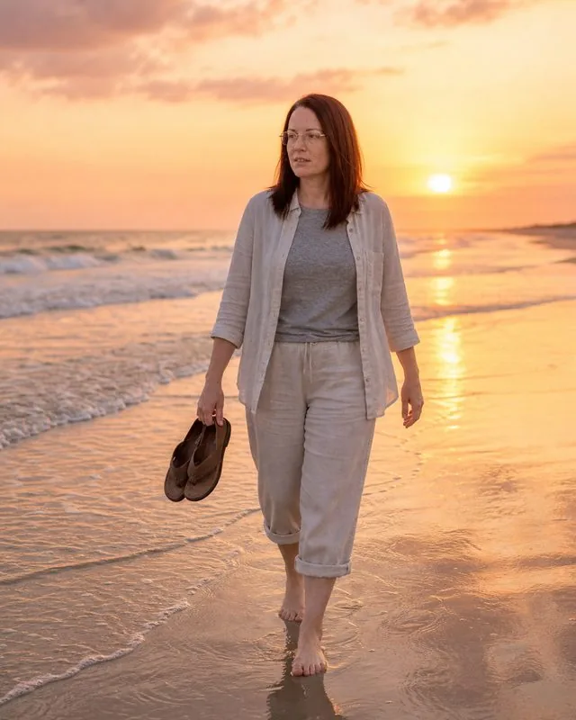 Beach sunset: walking at the waterline with shoes in hand, rolled linen trousers and an open shirt