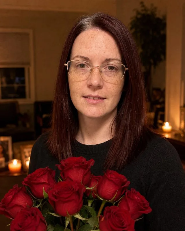 Valentine's: holding a bunch of red roses in a warm room with soft candle light, fine dark knit, quiet smile