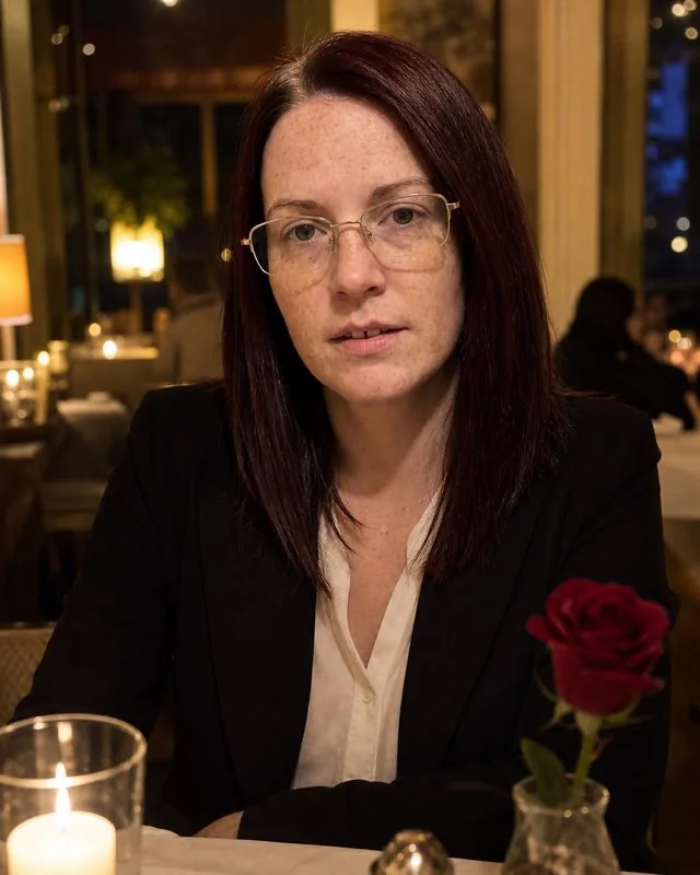 Valentine's: at a restaurant table set with candles and a single rose, dark jacket over an open collar, warm low light