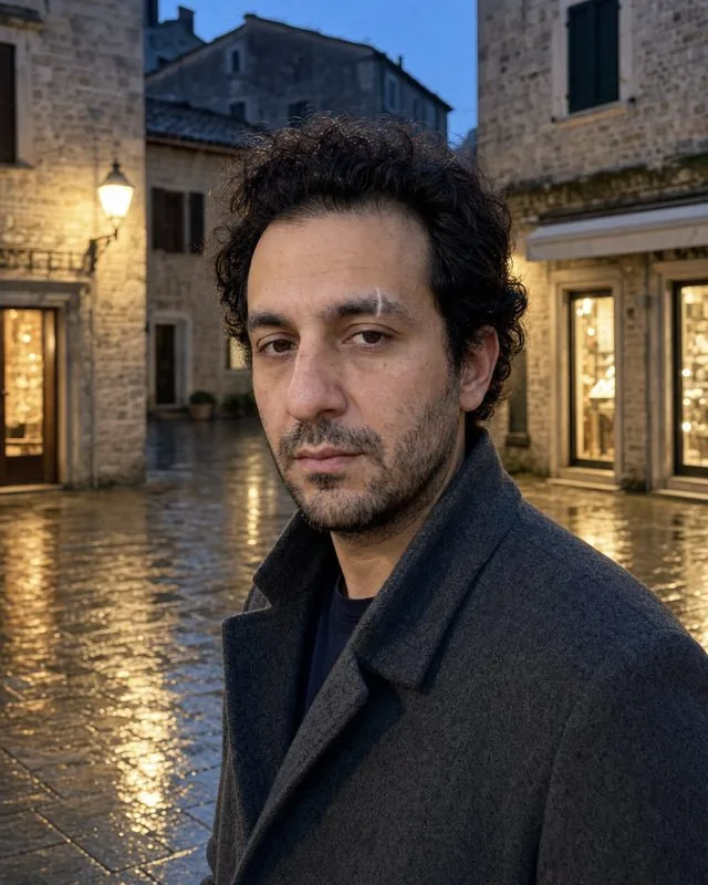 Venice: in a quiet square at dusk in a grey overcoat, warm shopfront light, wet stone reflecting lamps