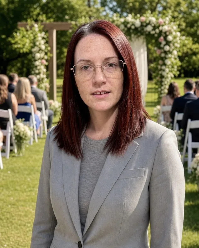 Wedding guest: on a garden lawn during the ceremony in a light grey suit, chairs and floral arch out of focus