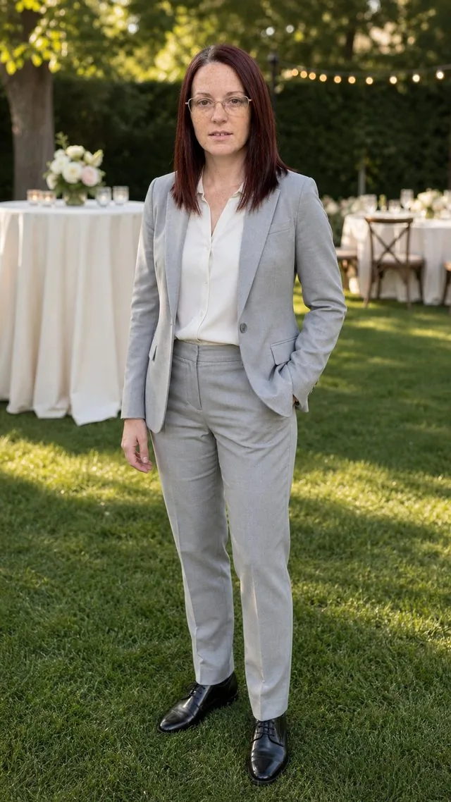 Wedding guest: a full-length frame standing on a lawn at a garden reception, light grey suit without a tie