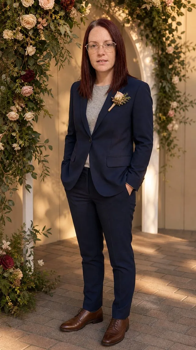 Wedding guest: the entire figure beside a floral arch, midnight blue suit with a buttonhole, whole body from head to shoes