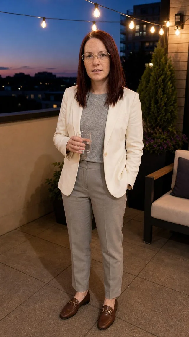 Wedding guest: a head-to-toe frame holding a glass on a terrace, cream blazer over a shirt