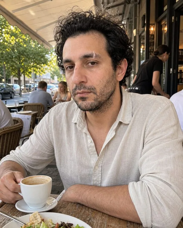 Brunch: at an outdoor cafe table with coffee and plates, pale linen shirt, bright morning light through an awning