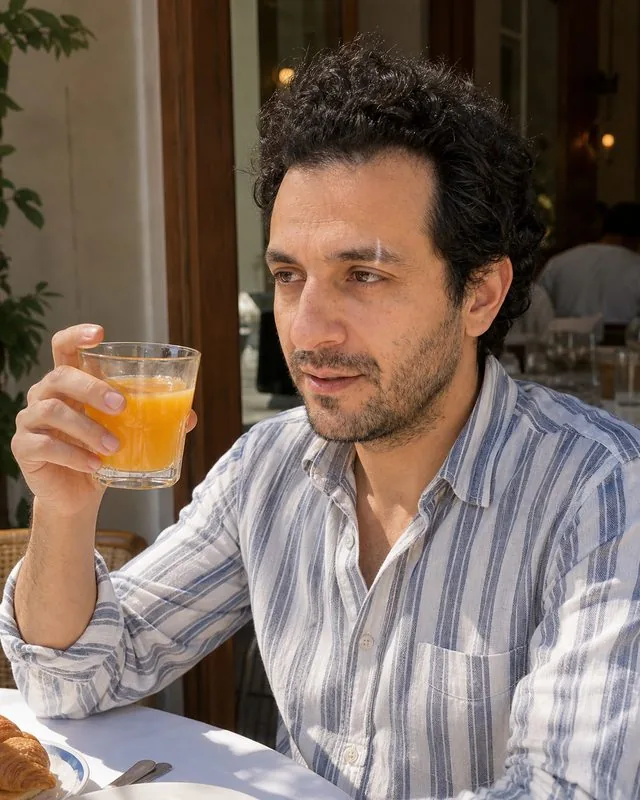 Brunch: raising a glass of orange juice mid-conversation, striped cotton shirt, sunlight across a white tablecloth